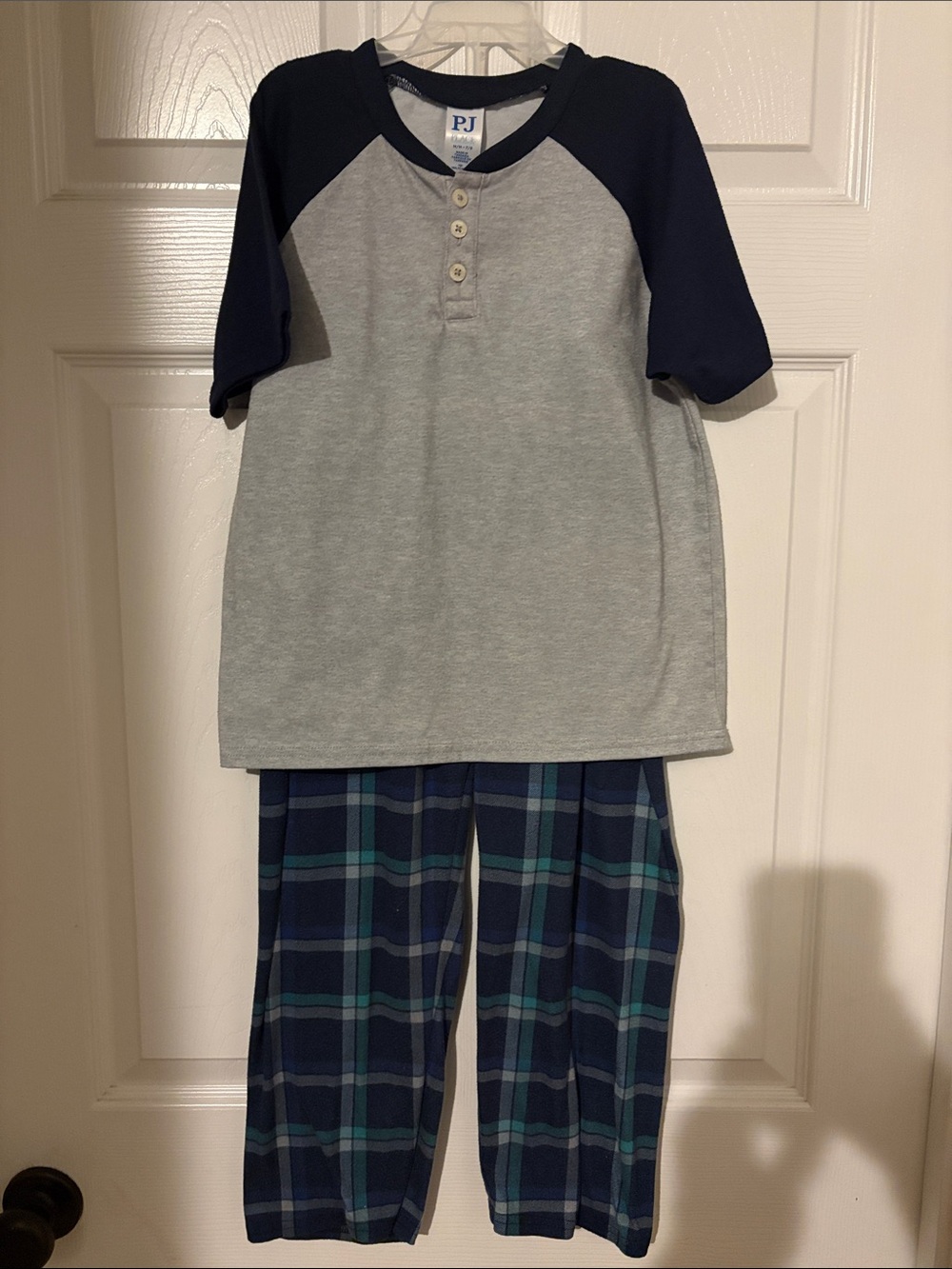 Boys Size 7/8 Grey Henley Top with Navy & Teal Plaid Pajama Pants